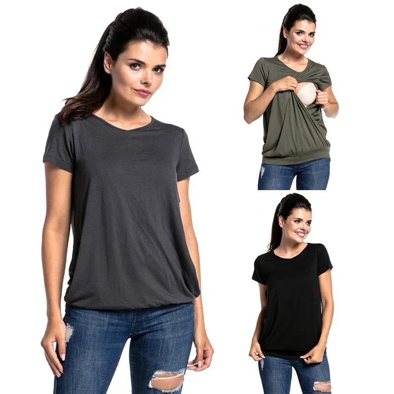 Women's Short Sleeve Pure Colour T-shirts Maternity Clothes Pregnant Blouse Nursing Tops Breastfeeding