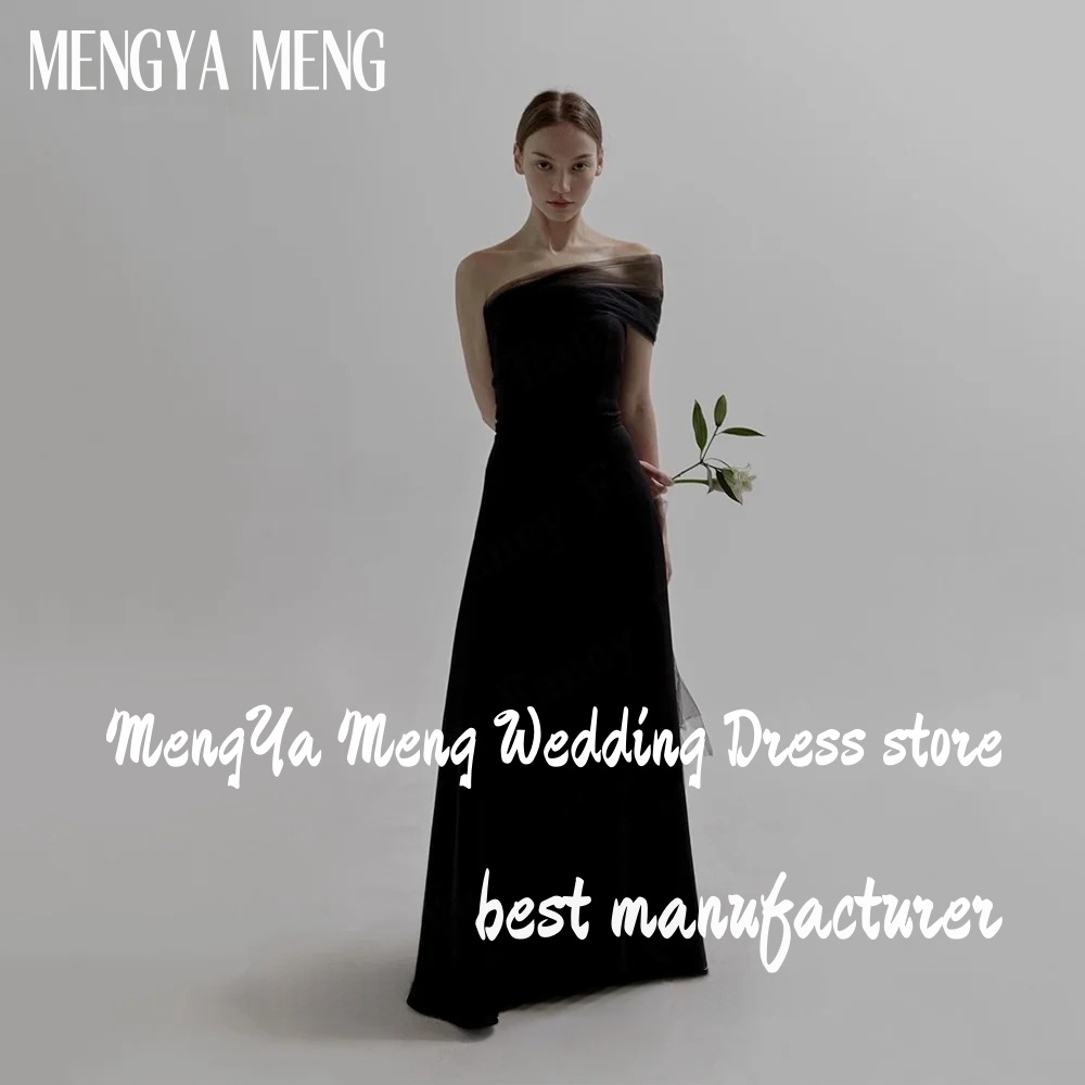 Vestido de noche coreano sin tirantes, negro Simple, con Bolero de tul, un hombro, línea A, satén elástico, vestido de fiesta Formal, vestido de boda