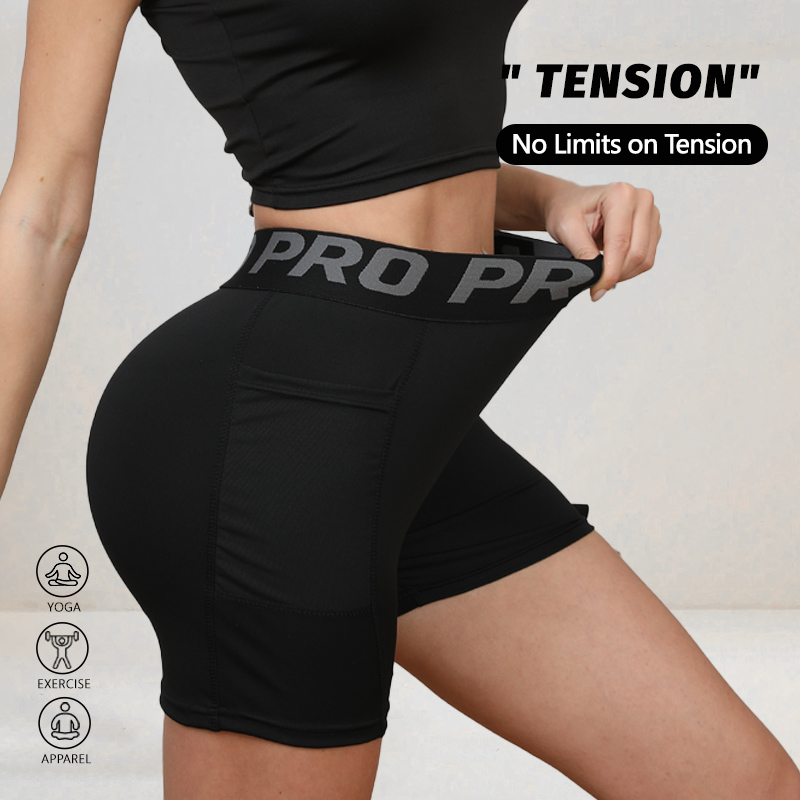 Damen-Leggings mit hoher Taille, Schriftzug am Bund, einfarbig, Sportshorts für atmungsaktives, schnell trocknendes Laufen, Fitness, Tennis, Workout-Shorts