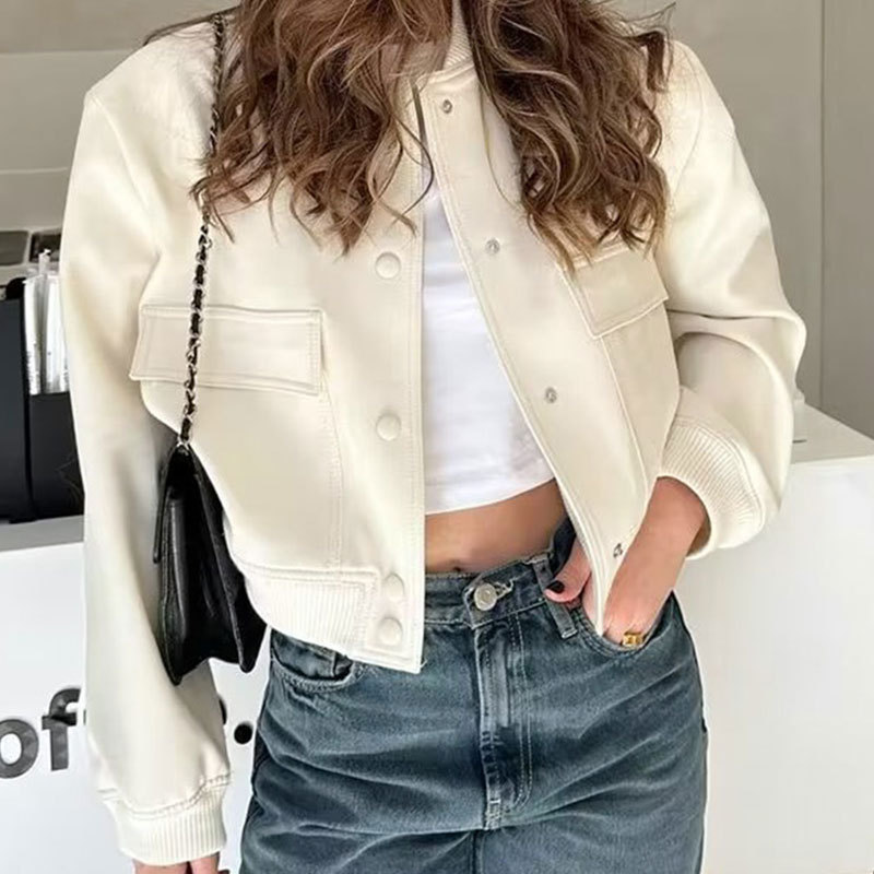 Veste bombardier blanche pour femme, manteau court avec boutons, Baseball, aviateur, manches longues, vêtements d'extérieur, collection automne-hiver 2024