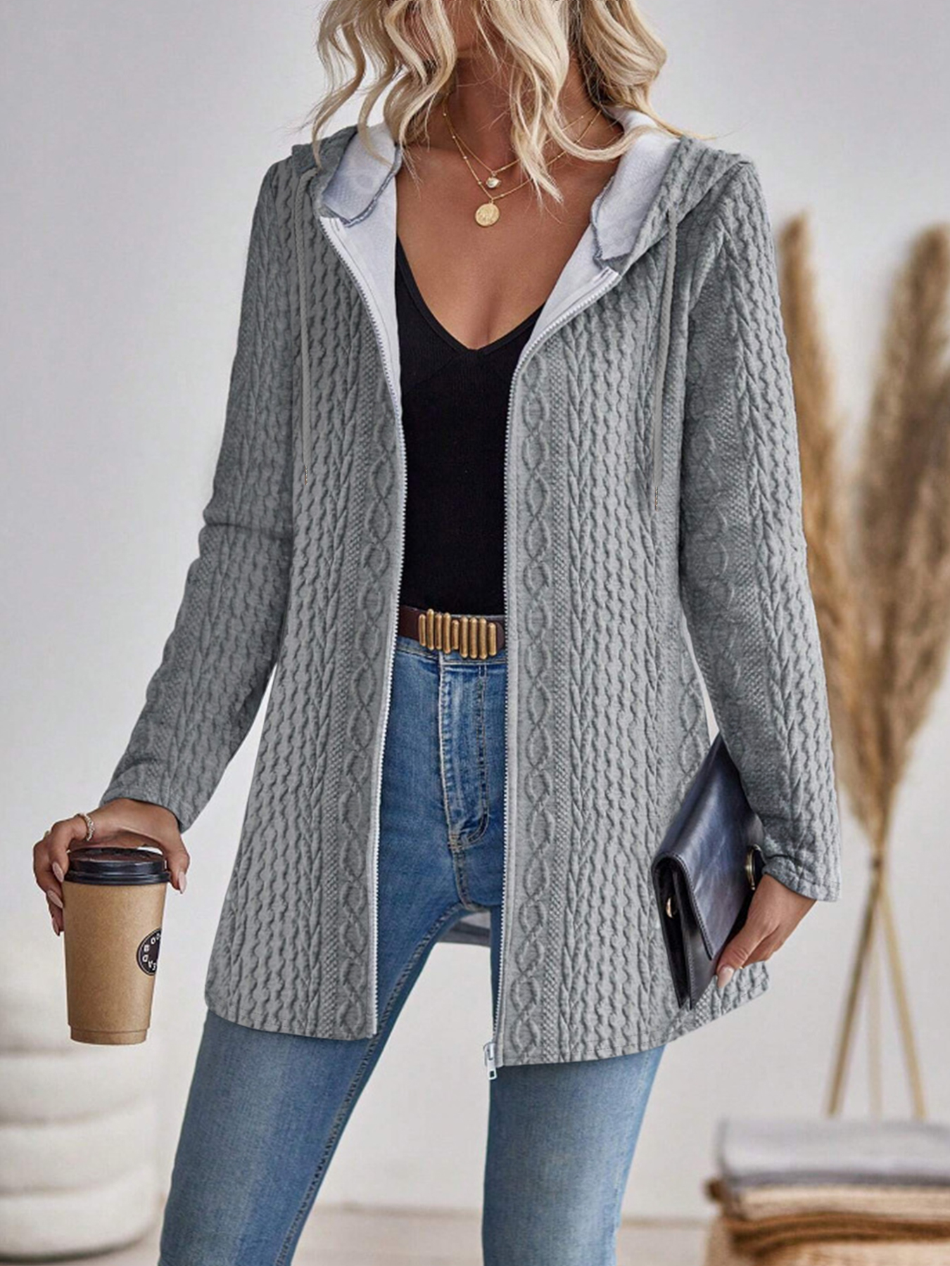 Sudadera con capucha con cremallera para mujer, color sólido, textura de moda, elegante direccional