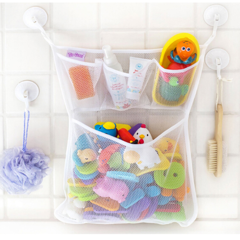 Malla de almacenamiento de juguetes para bebés y niños, organizador de baño de red con ventosas fuertes, color blanco