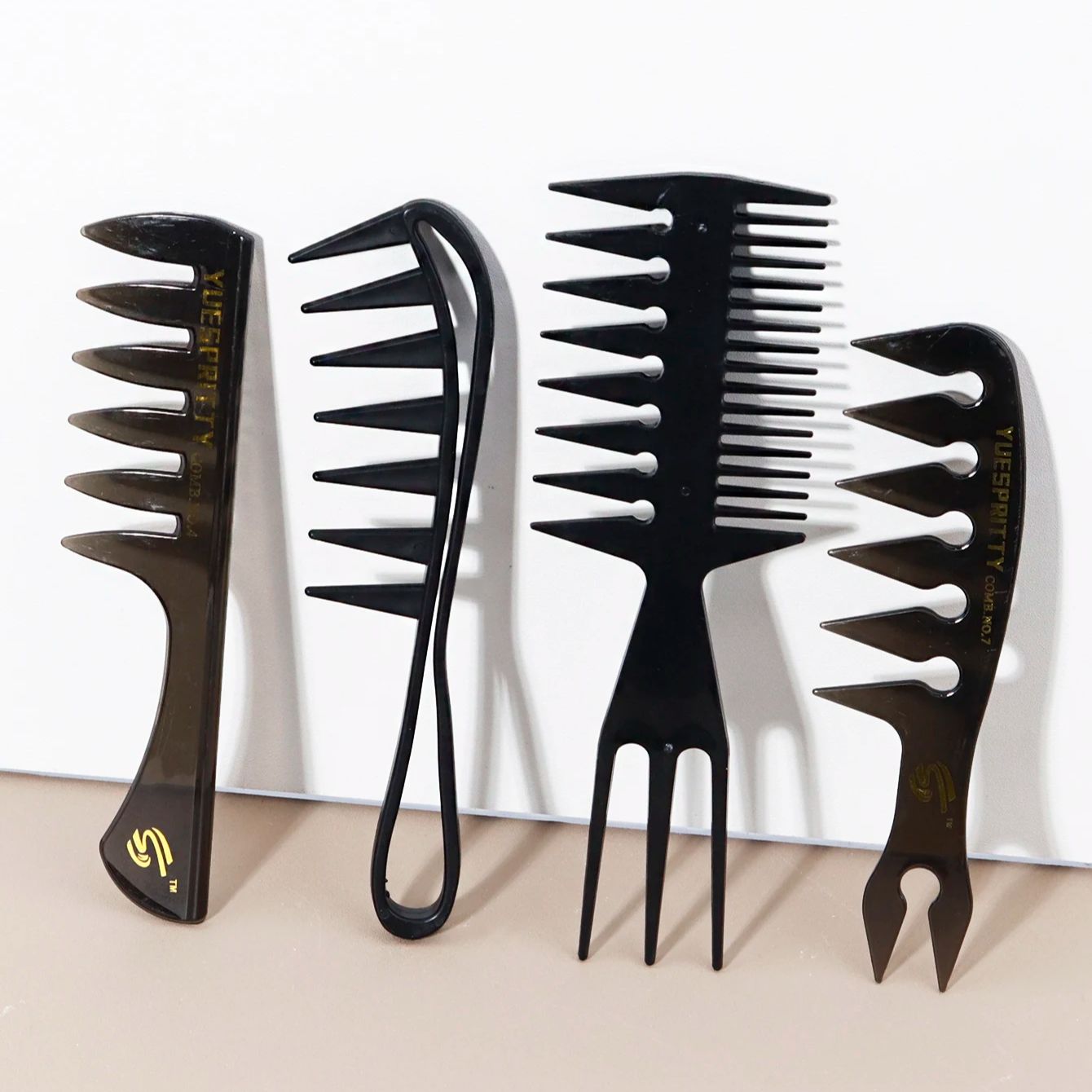 Conjunto de 4 pentes de dentes largos, pente de três pontas dupla face, pente retrô para cabelo oleoso, pente plano de dentes largos, especial para perucas de cabelo natural