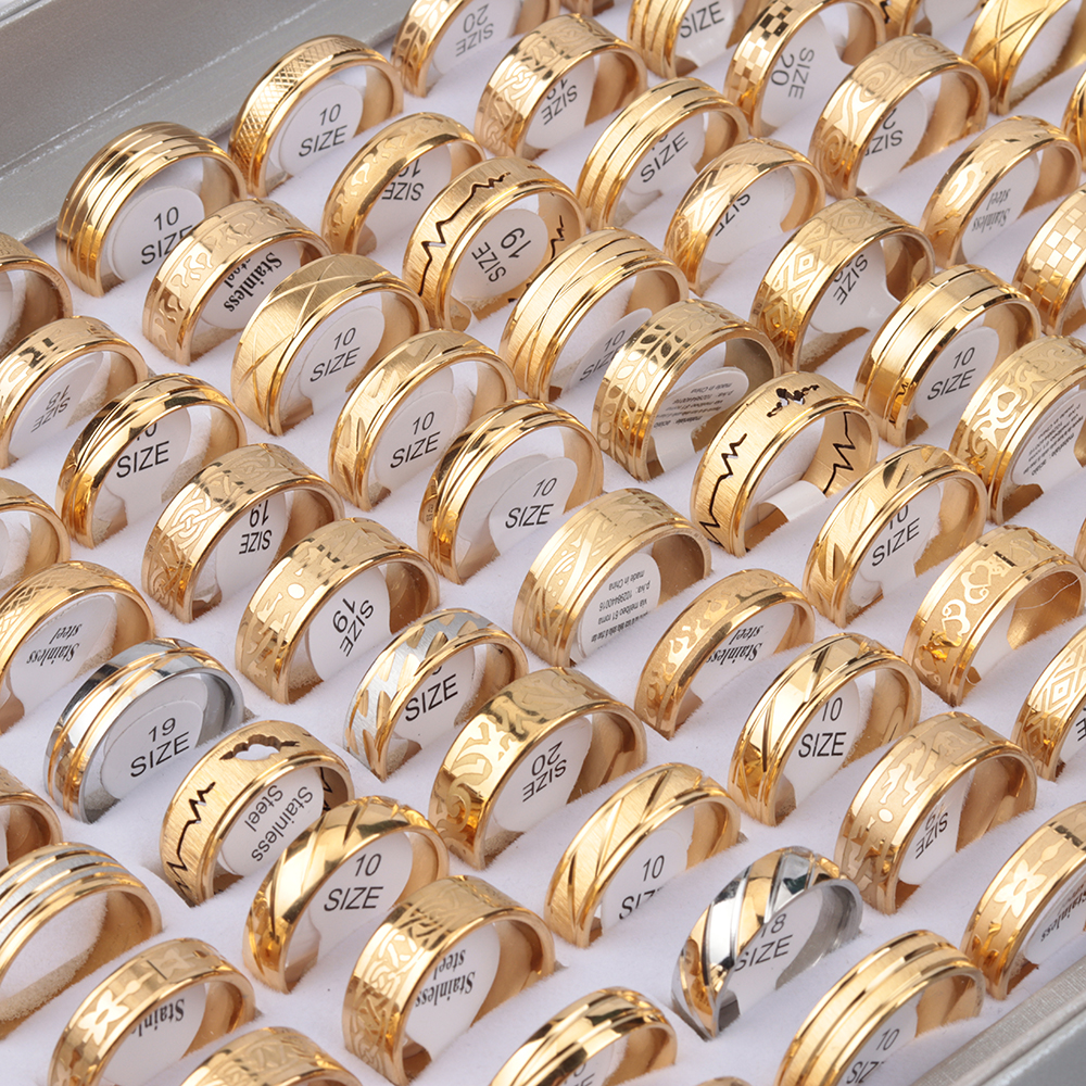 30 Pieces/Lot PVD Plating Hollow Stripe Carved Waterproof Stainless Steel Rings For Men and Women