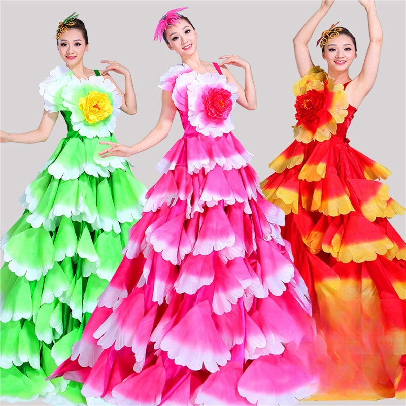 Sukienka flamenco 180/360/720 stopni, nowoczesny taniec, spódnica cygańska, sukienka z dużymi płatkami, damska, Hiszpania, kostium sceniczny dla chóru hiszpańskiego