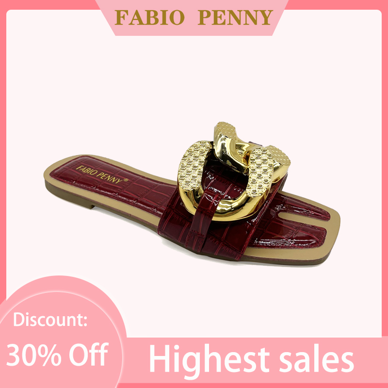 FABIO PENNY รองเท้าแตะผู้หญิงยอดนิยมโลหะรอบปุ่มตกแต่งรองเท้าแตะผู้หญิงฤดูร้อนปาร์ตี้ชายหาดรองเท้าแตะแบน