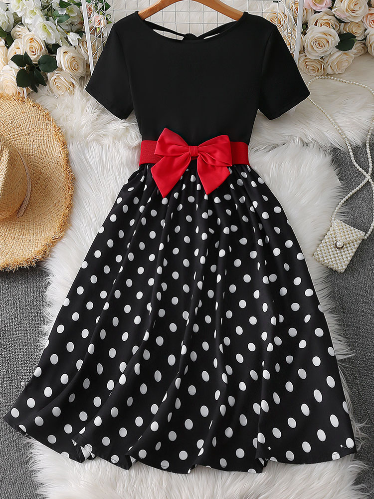 Vestido retrô de bolinhas para mulheres, manga curta, cintura alta com cinto de laço, elegante, estampado
