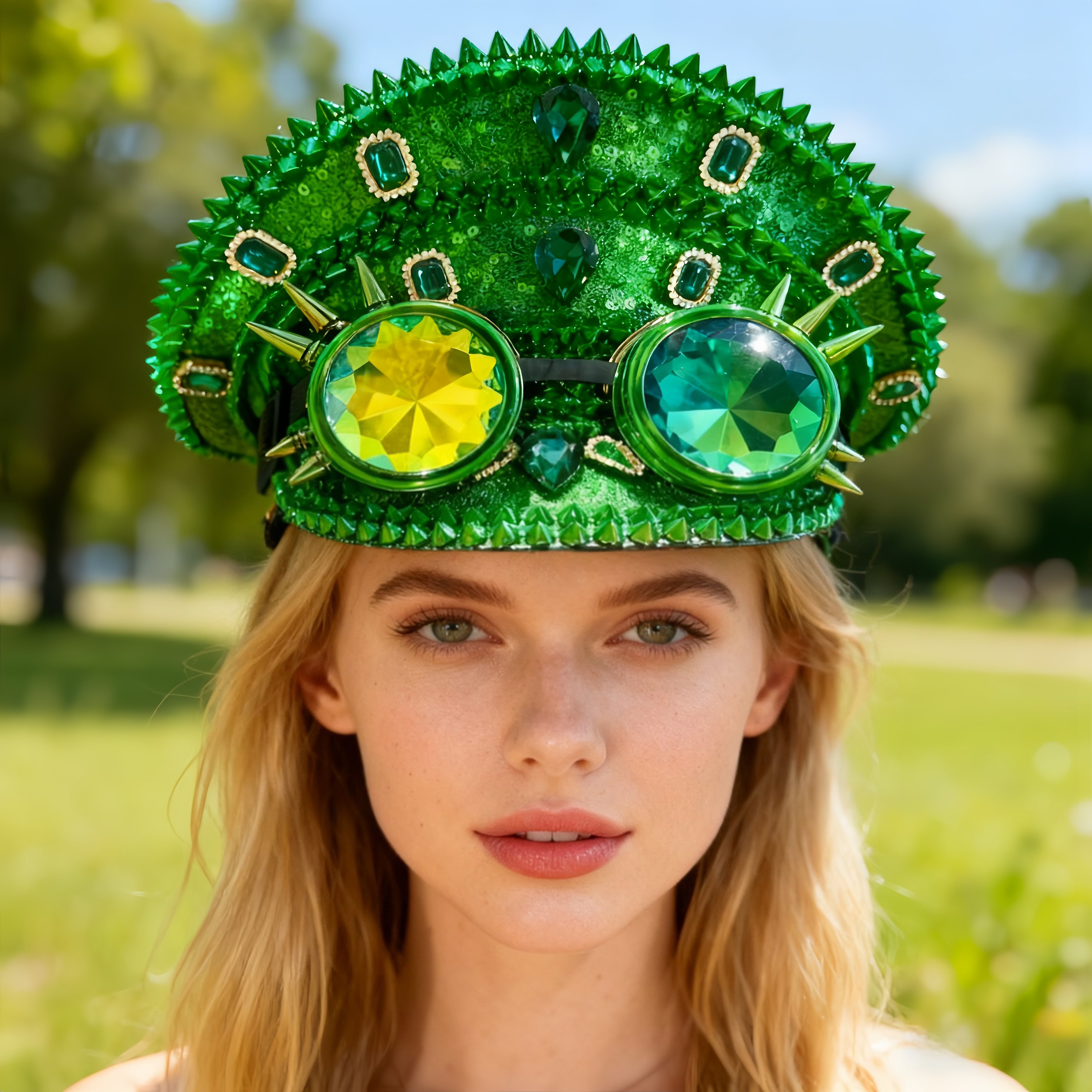 HongLuan Green Steampunk Captain Hat Rhinestone with Goggles for Music Festival Woman, Military Accessories & Cap for Man