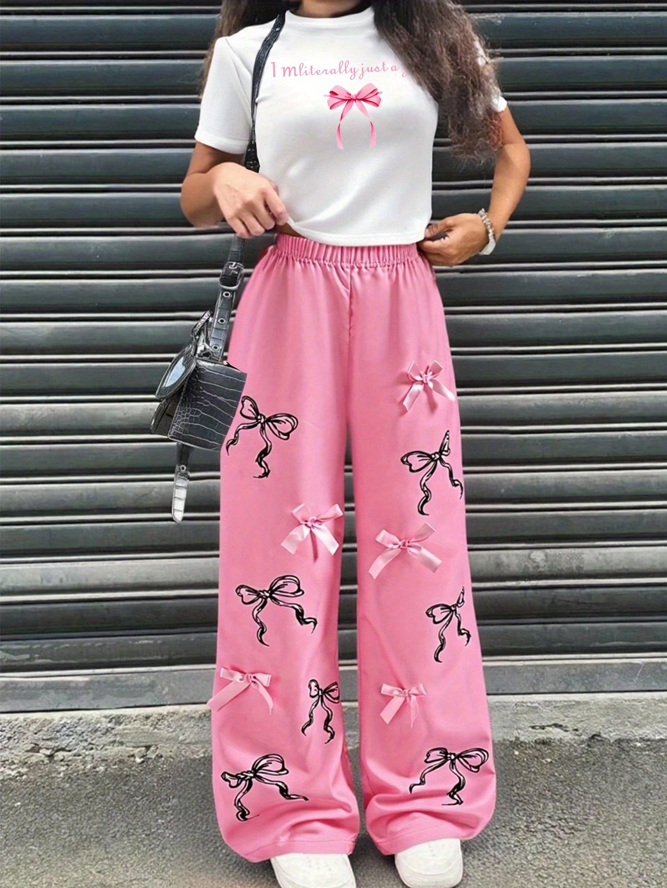 Girls' Casual Long Pants Set, Youth Girls' Letter-Print Short-Sleeve T-Shirt and Hot Pink Bow Wide-Leg Pants Casual Two-Piece Set Suitable for Children Aged 5-13, Suitable for Various Occasions