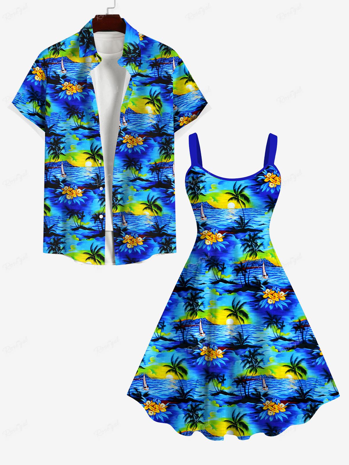Rosegal passendes Paar-Hemd mit hawaiianischem Kokosnussbaum, Meer, Sonne, Blumendruck oder knielanges, tailliertes Tank-Kleid in Übergröße