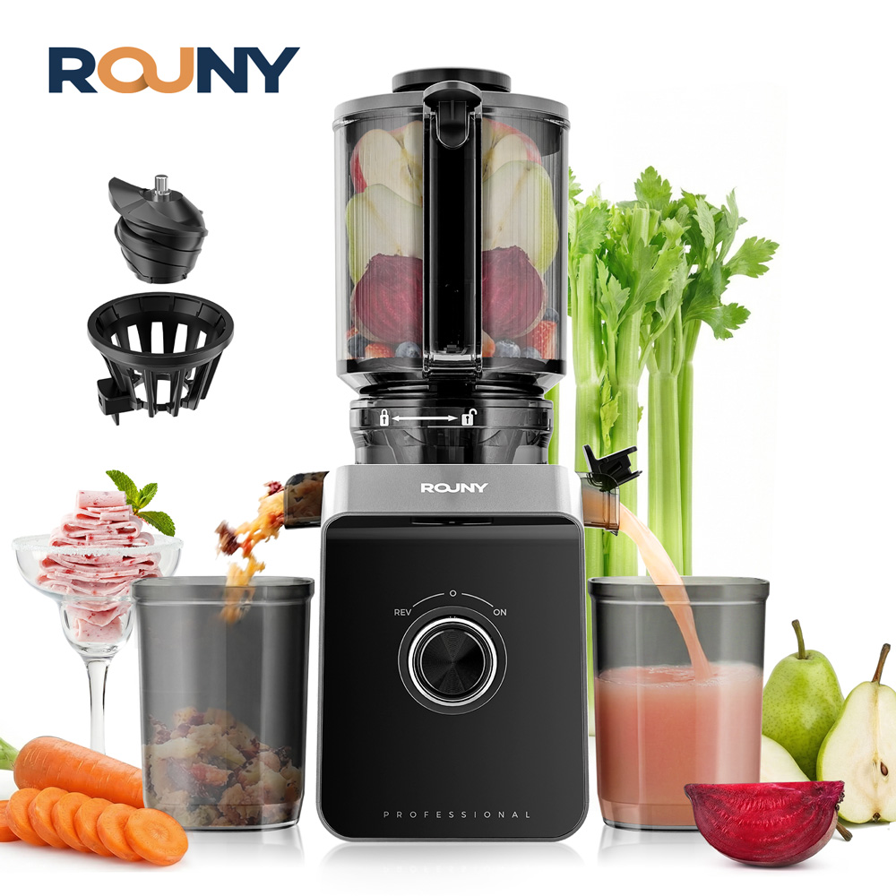 Медленная соковыжималка ROUNY, экстрактор холодного отжима с фильтром, легкая очистка электрическая соковыжималка для фруктов большого калибра, черная