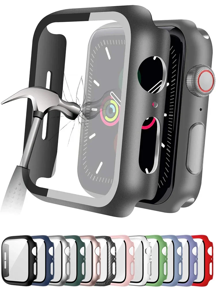 Verre trempé + coque pour accessoires Apple Watch, protection d'écran 45mm 41mm 44mm 40mm 42mm, étui pour Apple Watch série 9 4 5 6 SE 7 8