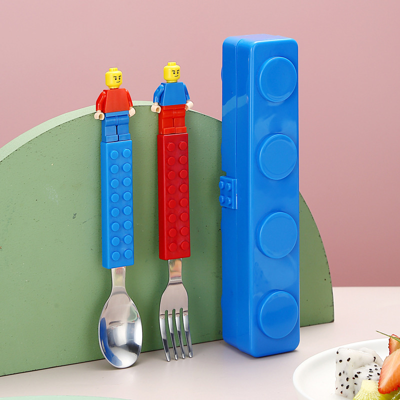 304 inoxidável crianças engraçado garfo colher conjunto crianças bloco de construção brinquedos dos desenhos animados utensílios de mesa de aço armazenamento portátil quebra-cabeça brinquedos