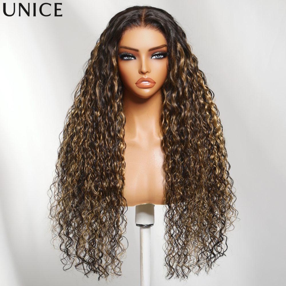 Peluca de cabello humano UNice sin pegamento, lista para usar, con encaje 7x5, rubia dorada con balayage, ondas de agua, con cordón ajustable, antideslizante
