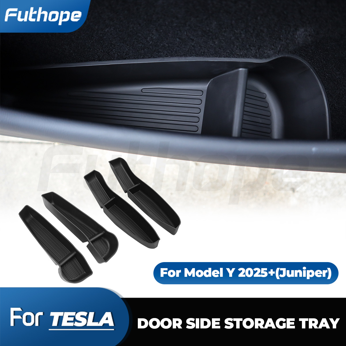 Futhope 4pcs Side Door Storage Box for Tesla New Model Y Juniper 2026 Model YL Tray Organizer Front Door Handle Decoration