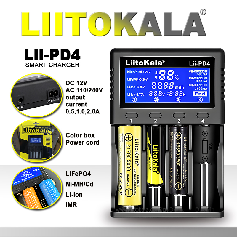 LiitoKala Lii-PD4/PD2 Зарядное устройство AC PD ЖК-дисплей Быстрая зарядка с 4/2 отсеками для 21700/18650/AA/AAA Многозащитное автоматическое обнаружение