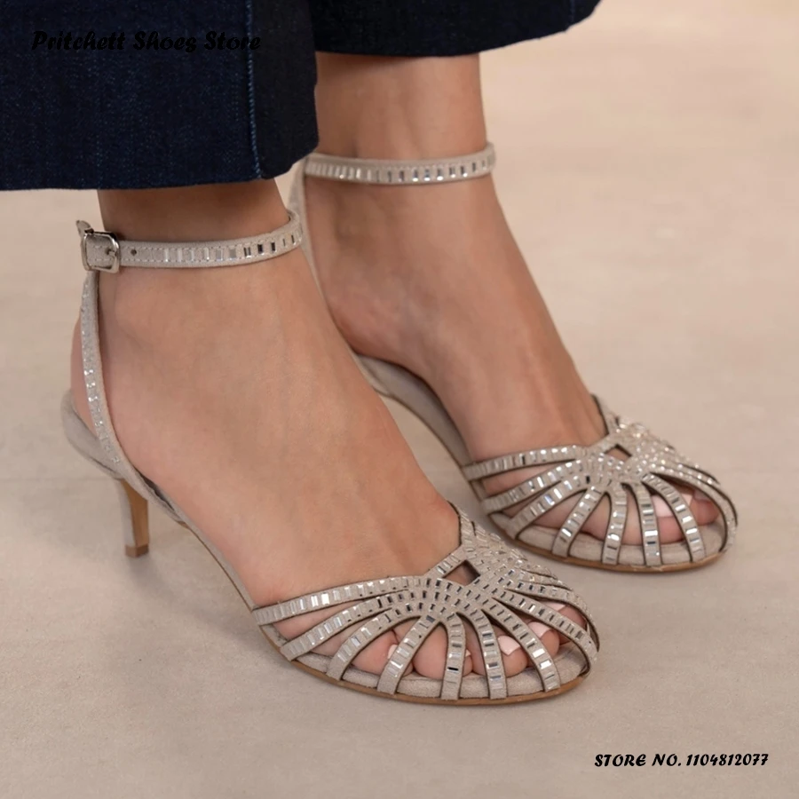 Women's Crystal Strappy Caged Sandals Round Toe Kitten Heel Glittering Shoes Spring Summer Buckle Strap Party Office High Heels