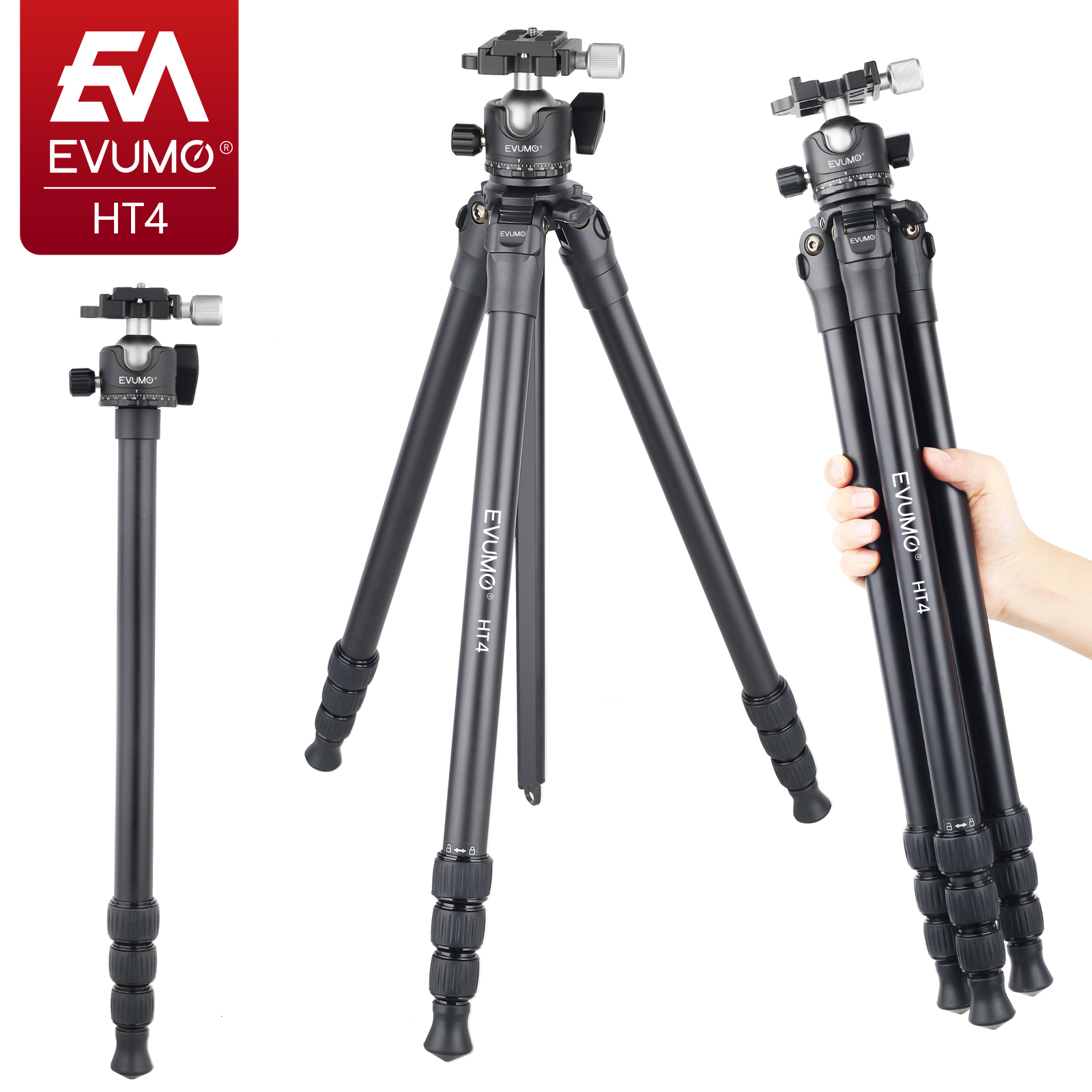 EVUMO 65 ''statyw do aparatu przenośny kompaktowy aluminiowy stojak na telefon Monopod 15kg HT4 z panoramiczną głowicą kulową 36mm