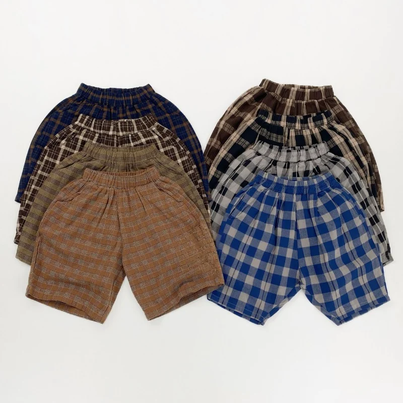 Dziecięce spodnie capri w koreańskim stylu, retro wzór w kratkę, letnie, miękkie, oddychające, unisex.