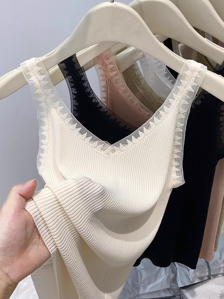 Canottiera da donna in maglia sottile moda estiva, pullover senza maniche, corsetto, top a metà collo alto, comoda canotta in pizzo traspirante
