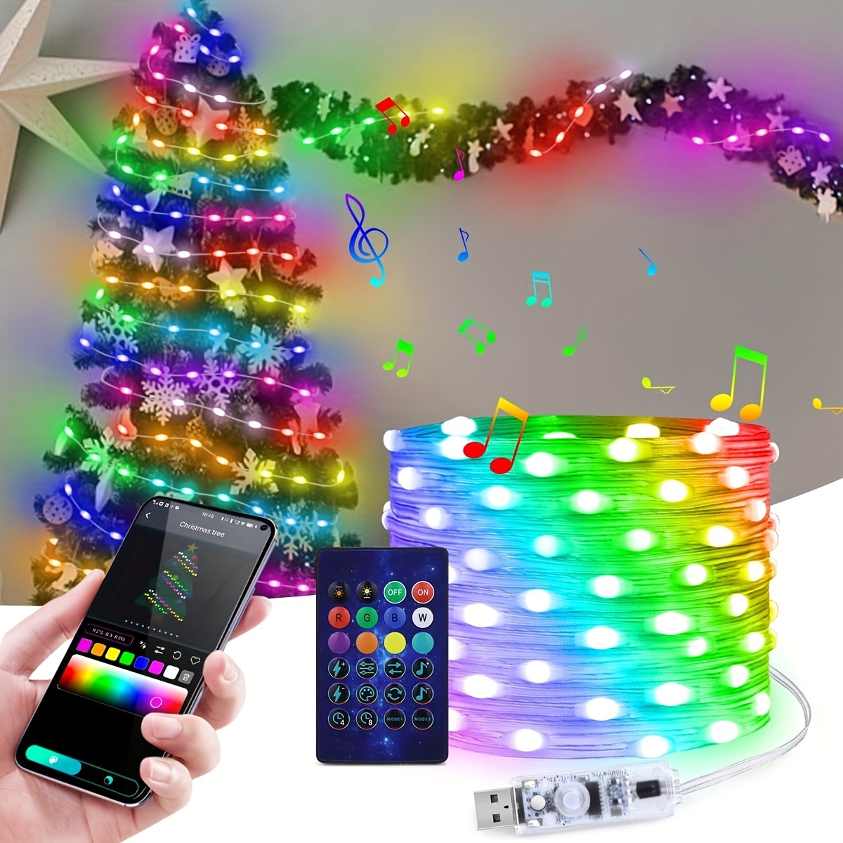 Guirlande lumineuse LED intelligente IC WS2812, Bluetooth, adressable, USB, 5V, 20m, 10m, 5m, Dreamcolor, synchronisation de la musique, décoration de fête