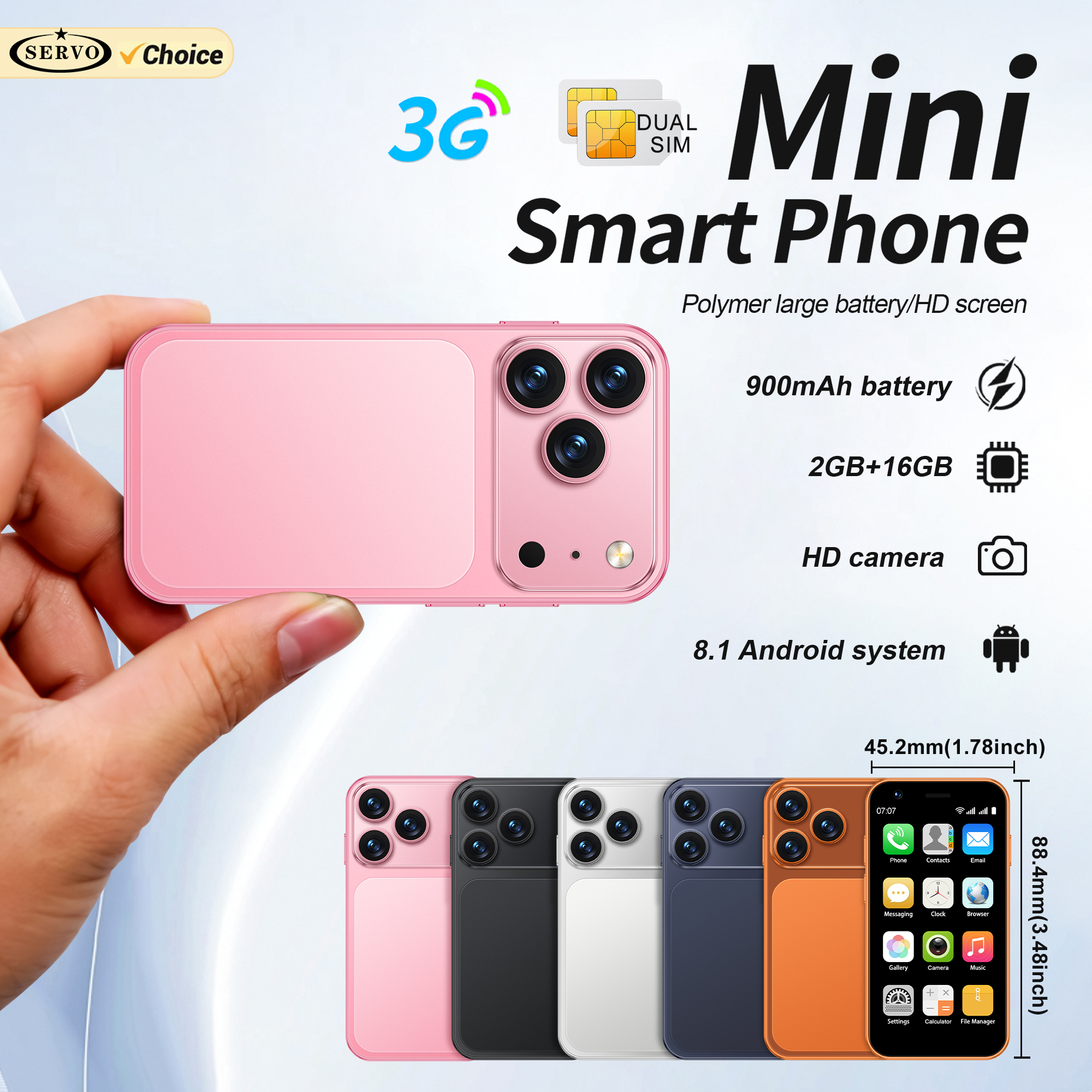 SERVO 18SE MINI Teléfono Inteligente Android Mini 3G WCDMA 2GB RAM 16GB ROM Wi-Fi Hotspot GPS Pantalla Táctil de 3.0" Teléfonos Inteligentes Pequeños 2 SIM en Espera