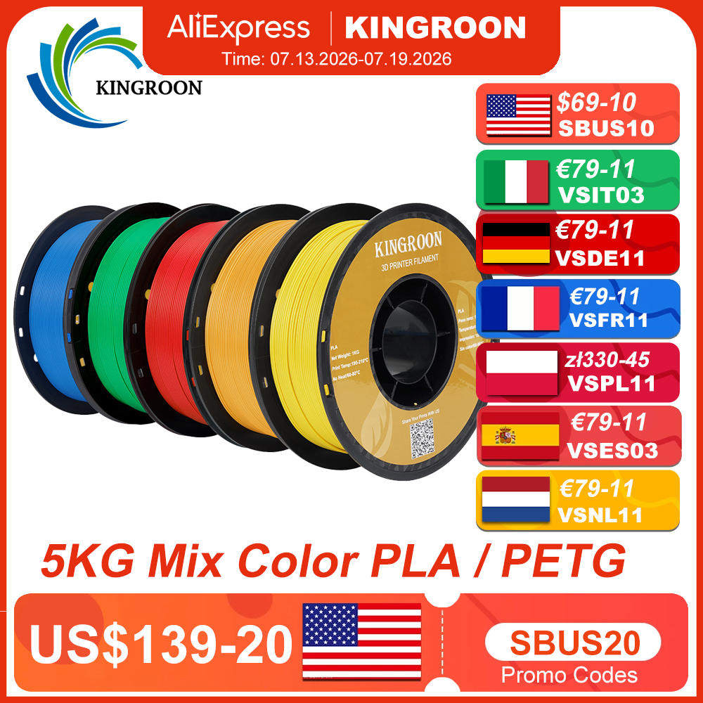 KINGROON 5 кг PLA ТПУ PETG нить смешанные цвета 1,75 мм 3D-принтер пластик без пузырьковой катушки материалы для 3D-печати оптовая продажа