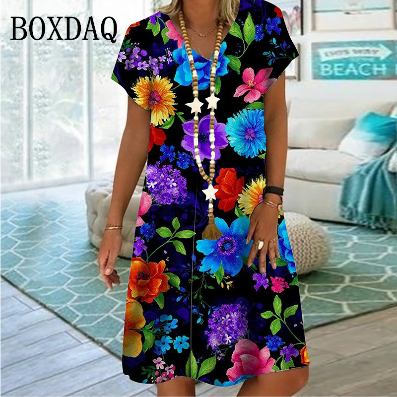 Kwiaty roślinne kolorowe 3D sukienka z nadrukiem na lato 2022 kobiet w stylu Vintage z krótkim rękawem luźna sukienka Casual V-Neck Oversized Clothin