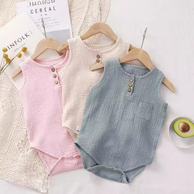 Roupas de Verão para Bebês de 0 a 3 Anos, Macacão de Algodão Gaze para Meninas e Meninos, Sem Mangas, Design com Botões, Romper Respirável