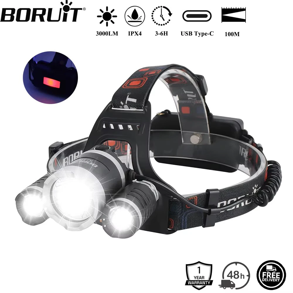 BORUiT RJ-3000 LED Headlamp 3000LM Powerful Type-C Rechargeable Headlight Waterproof Fishing Camping Head Torch Lantern