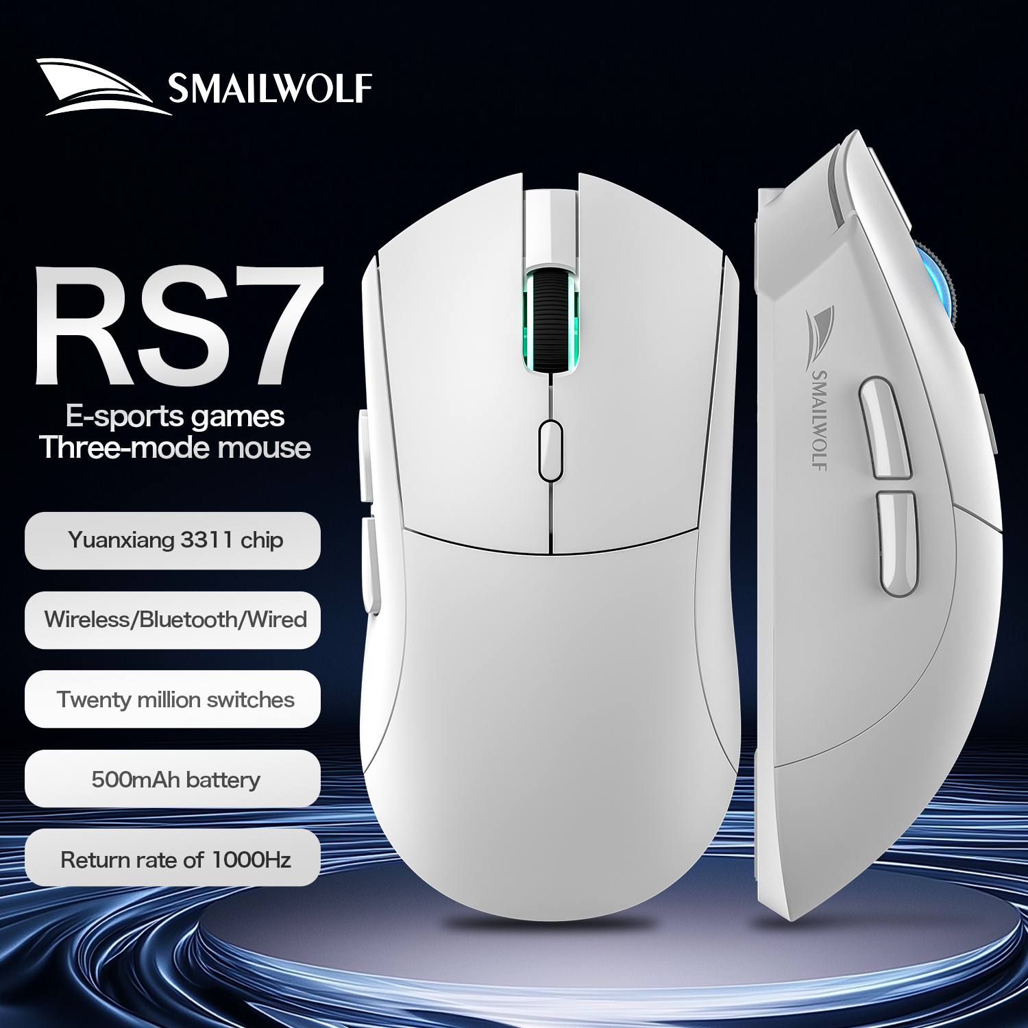 SMAILWOLF RS7 Bezprzewodowa mysz gamingowa Bluetooth z trzema trybami, czujnikiem PAW3311, programowalnymi makrami, do laptopa, do gier i biura.