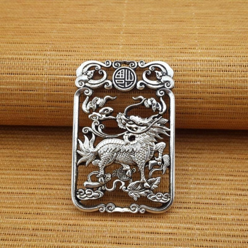 Antique White Copper with Silver Overlay Double-Sided Kirin Pendant Kirin Pendant Blessing in Front of Us Pendant