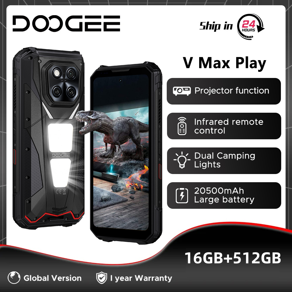 Versão global doogee v max play projetor telefone robusto 16gb 512gb 6.78 "120hz dimensão 7300 200mp câmera dupla luzes de acampamento
