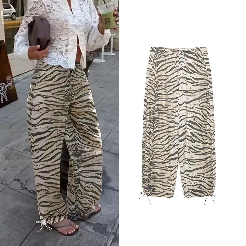 HipSeam Damesbroek met Zebrastrepen Nieuwe 2026 Zomermode Mid-waist Broek met Kant Tie Casual Vrouwelijke Streetwear Broek