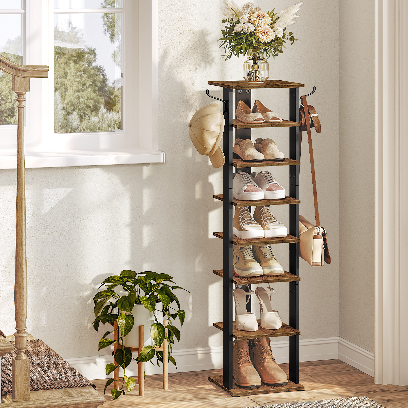Scarpiera in legno, scarpiera alta, organizer per riporre le scarpe stretto con 2 ganci, scarpiera sottile, scarpiera verticale per ingresso,