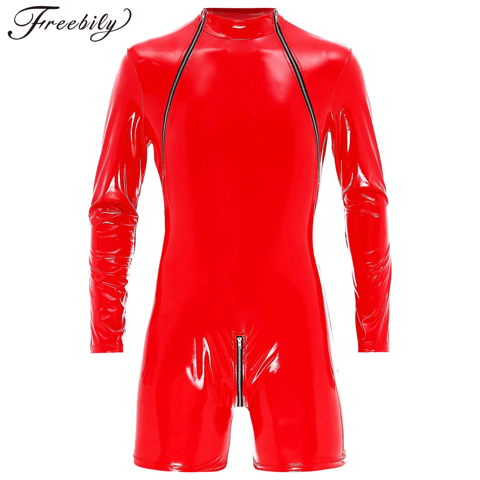 Body de cuero con escote en la entrepierna y cremallera para hombre, traje tipo bóxer con aspecto húmedo para actuación de baile y Club, ropa para discoteca