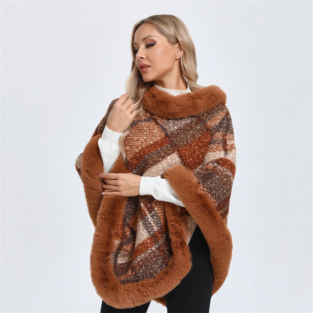 Poncho chaud surdimensionné pour femme, châle, cape, grand pendule, tissage jacquard, rayé, fausse fourrure d'agneau, pull à col rond, couche de finition