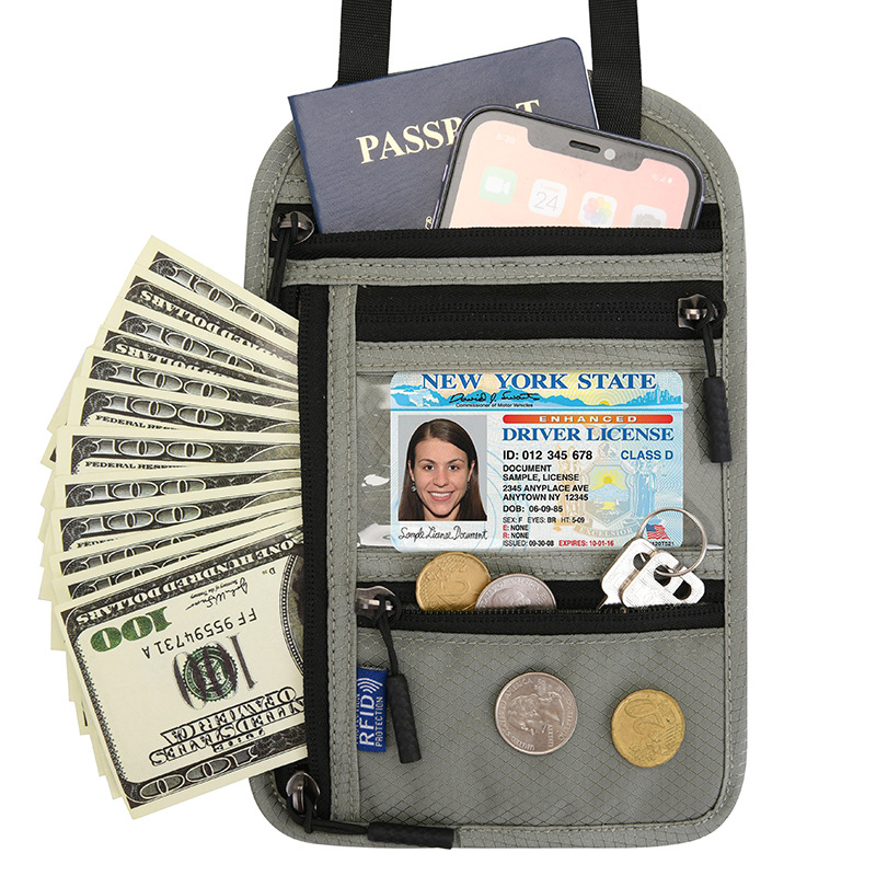 RFID Halter Blocking Passport Wallets Zipper Nylon Waterproof Wallet  Hand holder Anti-Theft Cell Phone Purse Travel Accessories