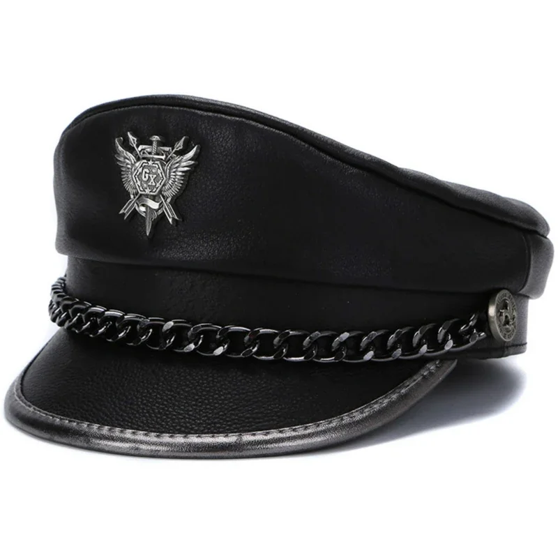 2025 frühling männer Echte Leder Armee Hut Männlich Flache Top Abzeichen Lokomotive Retro Military Caps Studenten Punk Kortikale Kette Gorra
