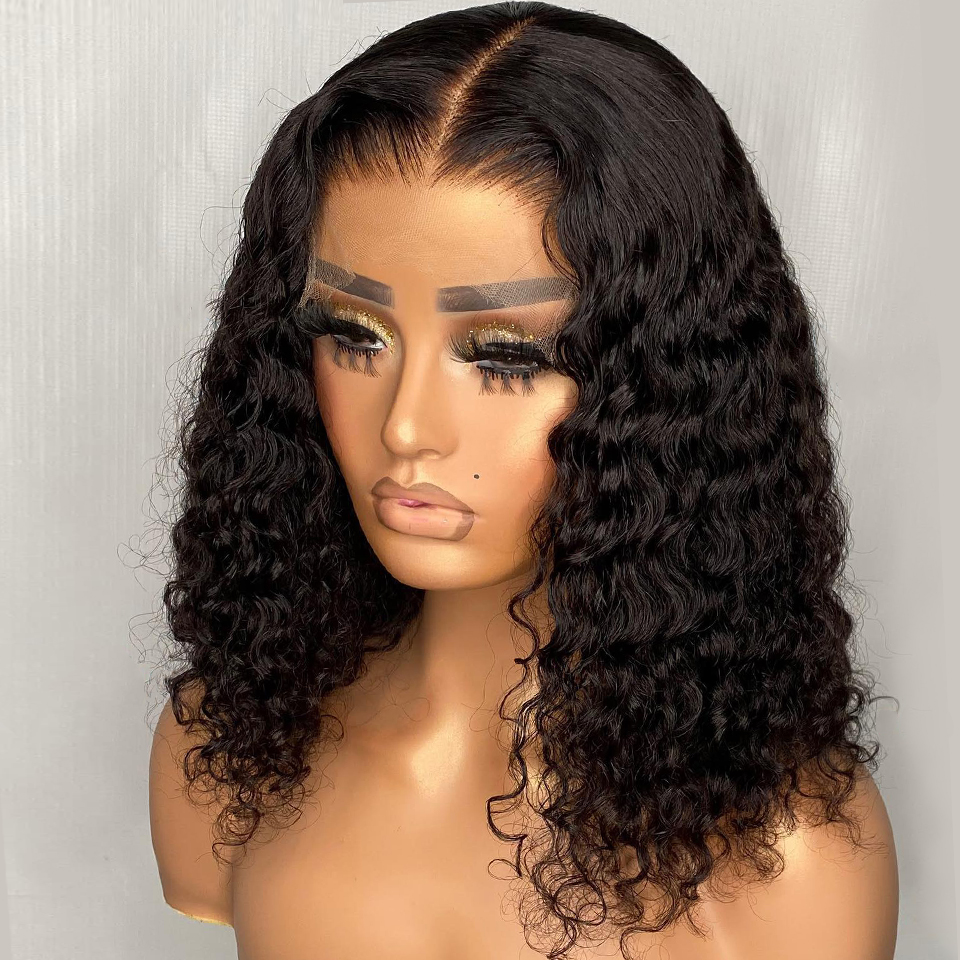 Pelucas de cabello humano brasileño para mujer, postizo Frontal de onda profunda, 180 de densidad, encaje transparente en forma de T, Jerry Curl, Bob, prearrancado, Remy