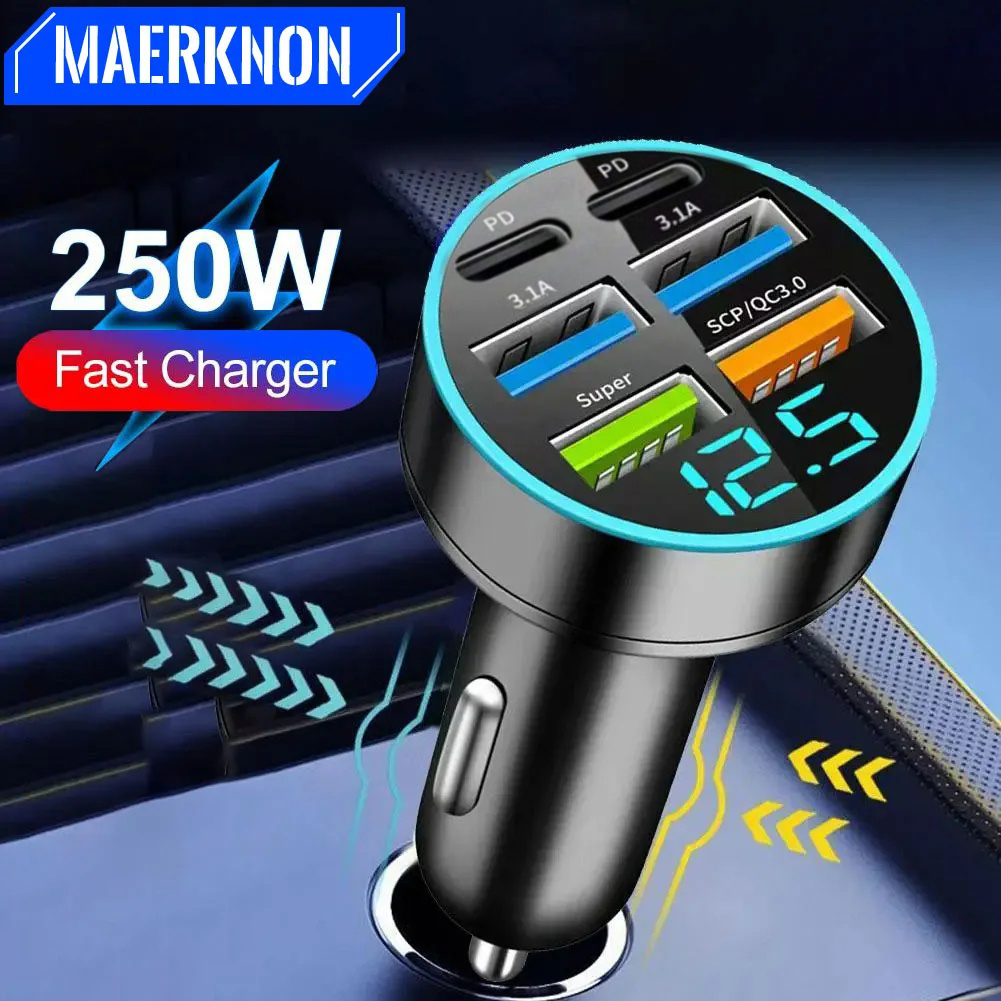 250W USB Car Charger Fast CHARGING PD QC3.0 USB C รถชาร์จโทรศัพท์ประเภท C อะแดปเตอร์สําหรับ iPhone Samsung Huawei Xiaomi Quick Charge