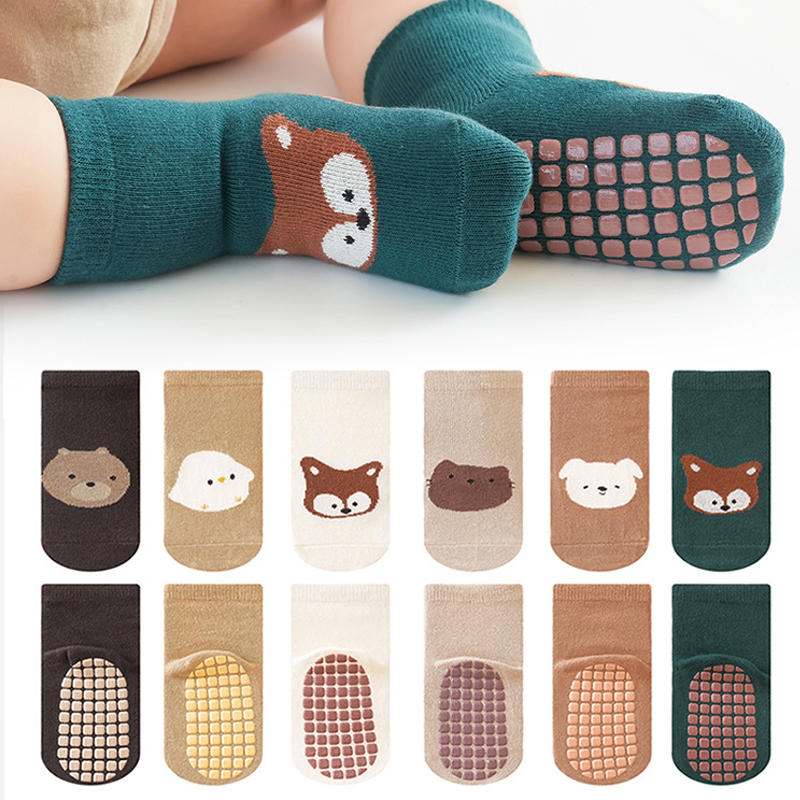 6 pares de calcetines adhesivos con dibujos de animales para bebés, calcetines antideslizantes para niños, adecuados para bebés que están aprendiendo a caminar