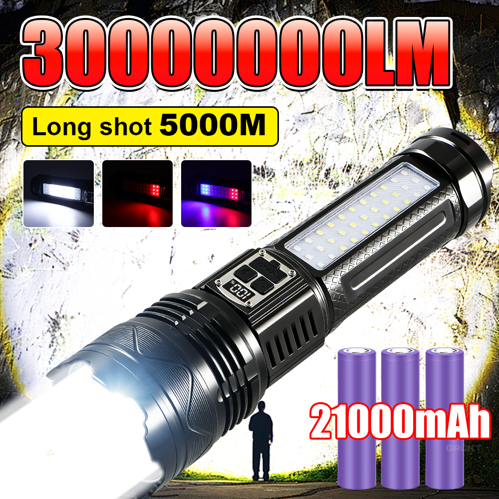 30000000LM White Laser Flashlight Rechargeable LED Flashlight High Power Zoomable Torch Power Bank Tactical Flashlight Camping