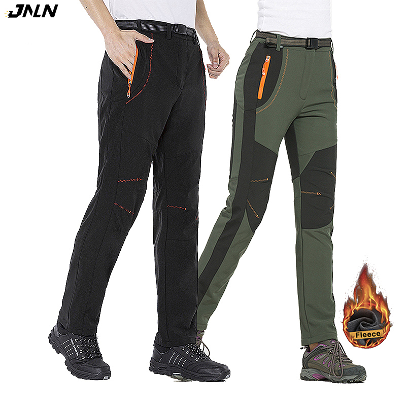 JNLN ผู้ชายผู้หญิงขนแกะฤดูหนาวกางเกงสกีเดินป่าเดินป่าตั้งแคมป์กางเกงกันน้ํากลางแจ้ง Soft Shell หนาความร้อน Cargo กางเกง