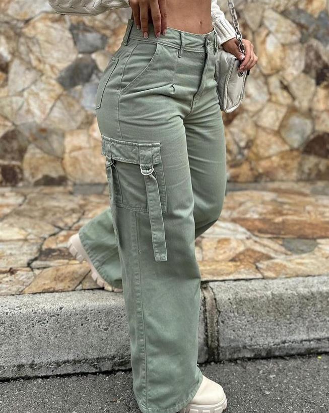 Calças de carga verde bolso design cintura alta botão calças de cor sólida 2025 verão nova moda solta calças femininas streetwear