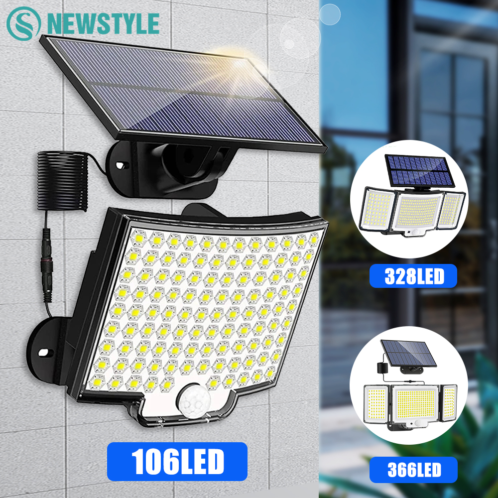 Nouveau 366/106LED lumières solaires extérieures 3 Mode d'éclairage capteur de mouvement tête réglable applique murale de sécurité étanche jardin Garage