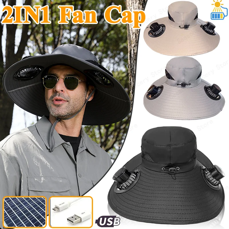 Topi Matahari Kipas Surya Multifungsi Baru-Topi Memancing Tahan Air dengan Pengisi Daya USB Bawaan & Pinggiran Lebar untuk Perlindungan UV/Panas