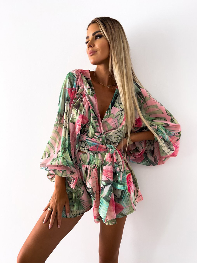 Jumpsuit leher V dalam seksi untuk wanita, baju monyet lengan lentera motif mode pakaian liburan pantai Boho kasual musim panas