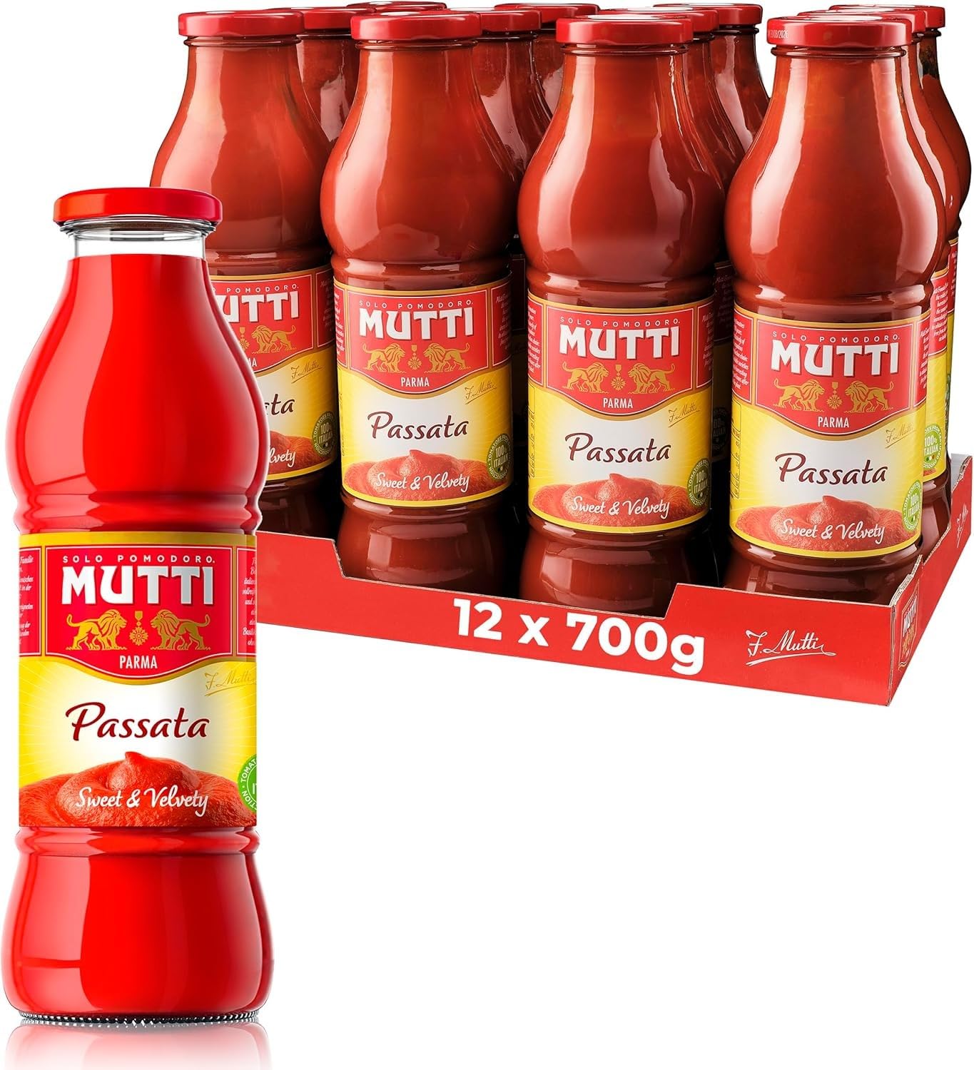 Puré de tomate Mutti, paquete de 12 latas de 700 g en envase de vidrio + MUTTI de regalo: Tomates pelados, 400 g