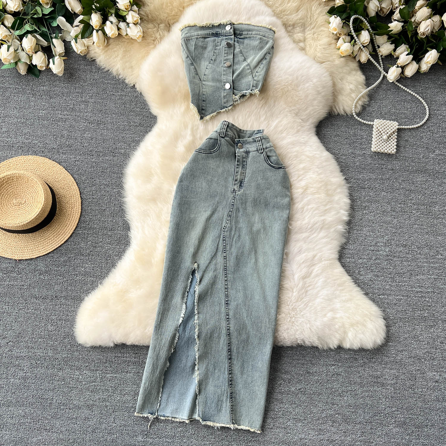 Saia comprida de cintura alta e blusa jeans irregular feminina, design irregular, colete sexy, conjuntos de roupas, roupas, 2 peças